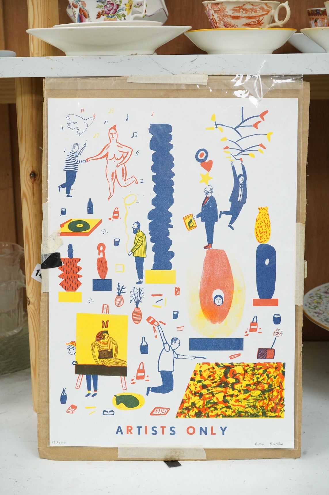 Rose Blake (b.1987), ‘Artists Only’, signed in pencil and limited edition 15/100, colour lithograph, unframed, 42 x 29cm